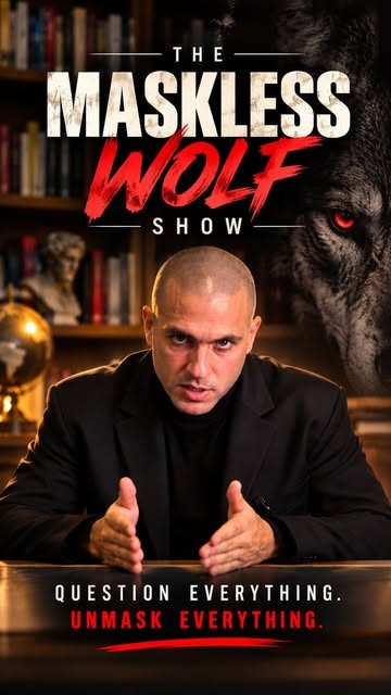 The Maskless Wolf Show cover: Jay at his desk, a wolf with a red eye behind him